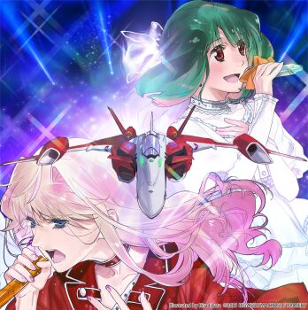 2girls aircraft airplane blonde_hair blue_eyes blush canopy_(aircraft) choker collarbone commentary_request copyright_notice dress ebata_risa fang fighter_jet flying gradient_hair green_hair hair_between_eyes hand_on_own_chest highres holding holding_microphone jacket long_hair long_sleeves macross macross_frontier medium_hair microphone military_vehicle multicolored_hair multiple_girls music nail_polish official_art open_mouth pink_hair pink_nails promotional_art ranka_lee red_choker red_eyes red_jacket science_fiction sheryl_nome singing stage_lights two-tone_hair upper_body variable_fighter white_dress yf-29