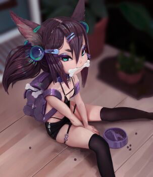 1girl animal_ears backpack bag bone breasts brown_hair dog_ears pet_food dog_girl dog_tags female_focus fiz-rot green_eyes hair_ornament hairclip highres loli on_floor original plant potted_plant short_shorts shorts small_breasts thighhighs twintails water
