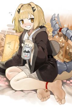1girl absurdres alchemy_stars alcohol ankle_bell barefoot beer_can bell blonde_hair blush brown_kimono can drink_can drunk flat_chest full_body highres japanese_clothes juban kimono looking_at_viewer menthako motion_lines short_hair smile soles solo tail tail_bell tail_ornament toes vice_(alchemy_stars) yellow_eyes
