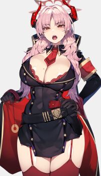 1girl absurdres armband belt black_belt black_collar black_dress black_gloves black_jacket blue_archive bra bra_peek breasts buttons cleavage coin coin_on_string collar covered_navel cowboy_shot demon_horns detached_collar dress fangs gloves grey_background gun hair_intakes hair_over_shoulder half_gloves halo hand_on_own_hip handgun highres holding holding_pendulum holding_string holed_coin holster holstered horns huge_breasts jacket kiwidoyo lace lace-trimmed_bra lace_trim long_hair long_sleeves looking_at_viewer mauser_c96 military military_jacket military_uniform mole mole_on_breast narrowed_eyes necktie open_clothes open_jacket open_mouth parted_bangs pendulum pink_hair red_armband red_bra red_eyes red_garter_straps red_horns red_thighhighs red_wrist_cuffs satsuki_(blue_archive) shiny_skin short_necktie simple_background solo string sweatdrop teeth thighhighs thighs two-sided_fabric underwear upper_teeth_only weapon wrist_cuffs