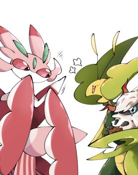 2girls annoyed antennae arthropod_girl arthropod_limbs blue_eyes colored_sclera colored_skin cracky_002 crying crying_with_eyes_open gen_5_pokemon gen_7_pokemon highres holding larvesta leavanny looking_at_another lurantis mantis_girl multicolored_skin multiple_girls nintendo oekaki pink_skin pokemon pokemon_(creature) praying_mantis red_eyes simple_background tears teasing white_background white_skin yellow_skin