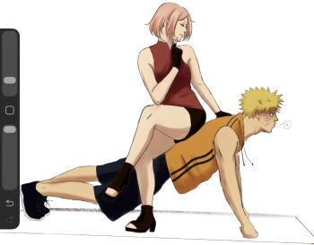 1boy 1girl art_program_in_frame blonde_hair exercising friedrice0404 girl_on_top haruno_sakura highres naruto_(series) pink_hair push-ups sketch training unfinished uzumaki_naruto workout_clothes