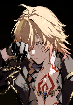 Rule 34 | 1boy, absurdres, alternate costume, anxilotus, black background, black gloves, black shirt, blonde hair, blue gem, braid, chest tattoo, earrings, facial tattoo, frilled shirt, frills, gem, gloves, gold earrings, gold necklace, gradient hair, highres, honkai: star rail, honkai (series), jewelry, male focus, medium hair, multicolored hair, mydei (honkai: star rail), necklace, partially unbuttoned, pectoral cleavage, pectorals, red hair, red tattoo, shirt, side braid, solo, tattoo, yellow eyes