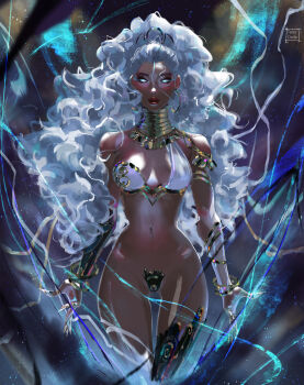 1girl artist_name blue_eyes bracelet breasts closed_mouth commentary cowboy_shot dark-skinned_female dark_skin english_commentary fingernails glowing glowing_eyes highres jewelry large_breasts long_fingernails long_hair looking_at_viewer marvel marvel_rivals narrow_waist navel overexposure paid_reward_available solo storm_(x-men) tatti_art thigh_gap variant_set very_long_hair white_hair wide_hips x-men