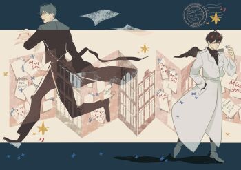 2boys black_coat black_hair black_wings bulletin_board coat demon_horns english_text falling_paper feathered_wings hair_between_eyes hand_in_pocket hand_up highres horns kim_dokja letterboxed male_focus mini_wings multiple_boys omniscient_reader&#039;s_viewpoint open_mouth outside_border pamphlet paper running short_hair typo_koneko white_coat wings yoo_joonghyuk