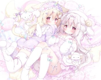 2girls animal_ear_fluff animal_ears blonde_hair blush bow bow_legwear cat_ears cat_girl cat_tail closed_mouth commentary convenient_leg dress feet_out_of_frame green_bow hair_between_eyes hair_bow kneehighs long_hair long_sleeves looking_at_viewer lying momozu_komamochi multiple_girls on_back open_mouth original pillow pink_hair purple_bow purple_dress red_eyes short_dress sleep_mask sleeve_bow socks symbol-only_commentary tail thighhighs white_socks white_thighhighs