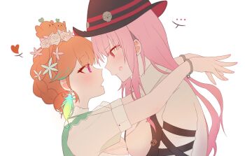 absurdres animal animal_on_head bird bird_on_head black_headwear bodice braid breasts collared_shirt couple cowboy cowboy_hat cowboy_western cross-laced_clothes cross-laced_dress crown_braid dirndl dress earrings feather_earrings feathers german_clothes green_dress hat hat_ornament highres hololive hololive_english jewelry large_breasts lipstick_mark long_hair looking_at_another medium_dress mori_calliope mori_calliope_(sheriff) official_alternate_costume on_head pink_hair purple_eyes red_eyes see-through_clothes see-through_sleeves sheriff sheriff_badge shirt skull_hat_ornament skull_ornament takanashi_kiara takanashi_kiara_(dirndl) virtual_youtuber western white_shirt yufu yuri