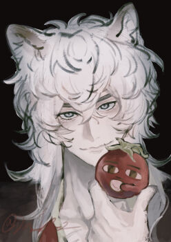1boy absurdres animal_ears apple arknights babu_don_(don_10_13) bishounen black_background closed_mouth commentary_request food fruit grey_eyes hair_between_eyes hand_up highres holding holding_food holding_fruit long_hair looking_at_viewer male_focus portrait silverash_(arknights) simple_background smile snow_leopard_boy snow_leopard_ears solo tomato twitter_username white_hair