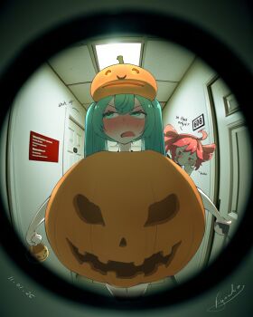 2girls absurdres blush embarrassed english_text halloween halloween_costume hatsune_miku highres kasane_teto multiple_girls pov_peephole pumpkin pumpkin_costume ryouko_c signature teasing trick_or_treat vocaloid
