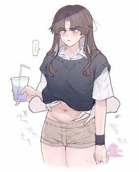 ... 1boy 1other absurdres ayase_ayato_(imamiya_pinoko) black_sweater_vest blush brown_hair brown_shorts collared_shirt commentary_request cup disembodied_hand drinking_straw highres holding holding_cup imamiya_pinoko long_hair male_focus navel original parted_bangs parted_lips purple_eyes shirt short_shorts short_sleeves shorts simple_background speech_bubble spoken_ellipsis sweat sweater_vest thick_eyebrows trap twitter_username white_background white_shirt