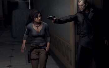 1boy 1girl 3d absurdres breasts brown_eyes brown_hair highres jewelry konstantin lara_croft necklace skvrwiel tomb_raider weapon