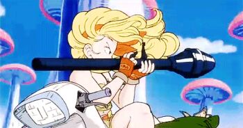 1980s_(style) 1girl animated animated_gif blonde_hair dragon_ball lowres lunch_(dragon_ball) money retro_artstyle outdoors retro_artstyle rocket_launcher tagme thief weapon