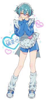 1boy apron blue_hair blue_shoes blue_track_suit blush bow character_name charisma_house commentary_request crossdressing crossdressing_(mtf) dated frilled_apron frilled_headwear frills full_body gradient_hair hair_between_eyes hair_bow hands_on_own_face heart highres jersey_maid leg_warmers long_sleeves maid maid_apron maid_headdress male_focus multicolored_hair ohse_minato pink_bow pink_ribbon purple_hair ribbon shoes short_shorts short_twintails shorts sneakers solo sparkle sweat tkt_tru track_suit trap twintails unconventional_maid white_background white_leg_warmers yellow_eyes