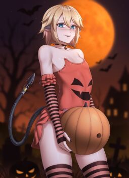 1boy absurdres animal_ears blonde_hair blue_eyes blurry blurry_background blush brown_thighhighs collarbone commentary cowboy_shot elbow_gloves english_commentary fingerless_gloves gloves hair_between_eyes halloween highres holding holding_pumpkin indie_virtual_youtuber jack-o&#039;-lantern jack-o&#039;-lantern_choker jack-o&#039;-lantern_ornament leotard looking_at_viewer medium_hair orange_leotard orange_theme orange_thighhighs parted_lips pumpkin scar scar_on_face second-party_source shiyorua_(vtuber) solo strapless strapless_leotard striped_clothes striped_gloves striped_thighhighs tail thighhighs trap virtual_youtuber zxpfer