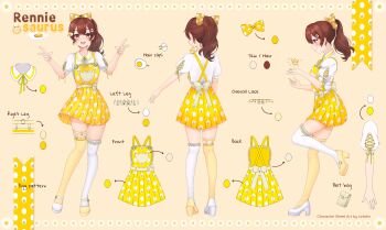 1girl absurdres arrow_(symbol) artist_name blush brown_hair character_name closed_mouth commentary dress english_commentary english_text full_body hair_ornament hairclip highres indie_virtual_youtuber linkitin_art looking_at_viewer multiple_views open_mouth pleated_dress ponytail reference_sheet renniesaurus short_sleeves standing teeth thighhighs upper_teeth_only virtual_youtuber white_thighhighs yellow_background yellow_dress yellow_theme yellow_thighhighs