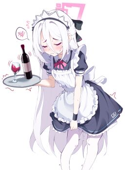 Rule 34 | 1girl, alcohol, apron, black dress, blue archive, blush, bottle, cardcat 00, closed eyes, closed mouth, commentary, cup, dress, drinking glass, hair between eyes, halo, highres, holding, holding tray, kei (blue archive), kei (new body) (blue archive), long hair, maid, maid apron, maid headdress, pantyhose, pink halo, pussy juice, short sleeves, solo, tray, untranslatable commentary, very long hair, white hair, white pantyhose, wine, wine bottle, wine glass