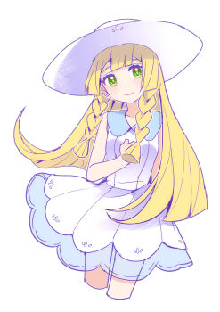1girl absurdres blonde_hair braid closed_mouth dress green_eyes hat highres lillie_(pokemon) long_hair looking_at_viewer nintendo pokemon pokemon_sm shocho_(shaojiujiu) sleeveless sleeveless_dress smile solo twin_braids white_background white_dress white_hat