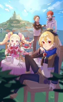 2boys 2girls 3siyo_u absurdres beatrice_(re:zero) black_hair black_pantyhose blonde_hair blue_sky bow brown_shorts cake capelet chair closed_eyes crop_top crown cup day dress drill_hair eating felt_(re:zero) food fur_trim hair_bow hair_ribbon highres holding jacket long_hair long_sleeves looking_at_viewer midriff mini_crown multiple_boys multiple_girls natsuki_subaru navel open_mouth outdoors pants pantyhose ponytail re:zero_kara_hajimeru_isekai_seikatsu red_eyes red_hair reinhard_van_astrea ribbon scarf short_hair shorts sidelocks sitting sky smile spoon standing symbol-shaped_pupils table teacup teapot tiered_tray twin_drills twintails
