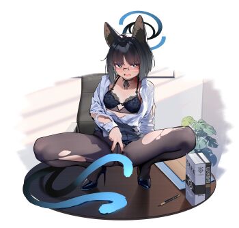 1girl absurdres animal_ear_fluff animal_ears black_eyes black_shoes blue_archive blue_bra bra breasts cat_ears cat_tail full_body glasses high_heels highres kikyou_(blue_archive) medium_breasts multiple_tails on_table open_clothes open_mouth open_shirt painterliuhao pantyhose shirt shoes solo spread_legs squatting table tail torn_clothes torn_pantyhose torn_shirt two_tails underwear v_over_crotch