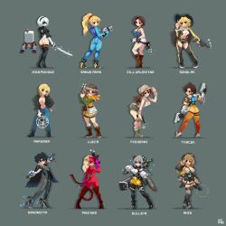 2b_(nier:automata) 6+girls animated anis_(nikke) ass aya_brea b.b._hood bayonetta bayonetta_(series) blonde_hair boots breasts capcom chrono_trigger copyright_request crossover fio_germi goddess_of_victory:_nikke gun hat highres jill_valentine looping_animation lucca_ashtear metal_slug metroid multiple_crossover multiple_girls nier:automata nier_(series) nintendo open_clothes open_shirt overwatch parasite_eve_(series) parasite_eve_i persona persona_5 pixel_art ponytail resident_evil resident_evil_3:_nemesis samus_aran shirosu sonolar standing summon_night tagme takamaki_anne tracer_(overwatch) video weapon world_flipper