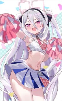 1girl absurdres bare_shoulders blue_archive blush breasts criss-cross_halter hair_between_eyes hairband halo halterneck highres holding holding_pom_poms kei_(blue_archive) kei_(new_body)_(blue_archive) klash loli long_hair looking_at_viewer millennium_cheerleader_outfit_(blue_archive) miniskirt navel open_mouth pink_eyes pleated_skirt pom_pom_(cheerleading) pom_poms sidelocks skirt small_breasts solo sports_bra thighs twintails very_long_hair white_hair white_skirt white_sports_bra