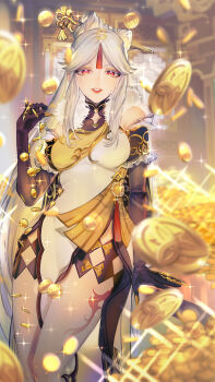 1girl above-cleavage_cutout armpit_crease bare_shoulders black_gloves black_trim blurry china_dress chinese_clothes chinese_commentary chinese_hairpin claw_ring clothing_cutout coin colored_eyelashes commentary_request depth_of_field detached_sleeves dress elbow_gloves eyeliner falling_money fur-trimmed_dress fur_trim genshin_impact geo_symbol_(genshin_impact) glint gloves gold_trim hair_ornament hair_stick hand_up highres indoors leg_tattoo long_hair looking_at_viewer makeup mora_(genshin_impact) ningguang_(genshin_impact) parted_bangs parted_lips red_eyeliner red_eyes red_lips short_sleeves side_slit sleeveless sleeveless_dress solo standing tassel tassel_hair_ornament tattoo vision_(genshin_impact) white_dress white_hair xrjingx