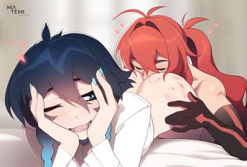 Rule 34 | 2boys, anilingus, aqua nails, ass, bite mark, bite mark on ass, black hair, blue hair, blush, bottomless, closed eyes, commentary, detached sleeves, diluc (genshin impact), english commentary, genshin impact, gradient hair, hair between eyes, hands on own cheeks, hands on own face, heart, highres, long hair, looking at another, looking back, lying, male focus, matemi, multicolored hair, multiple boys, on stomach, one eye closed, open mouth, red hair, saliva, shirt, skin tight, two-tone hair, venti (genshin impact), white shirt, yaoi