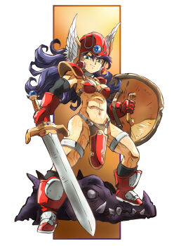 1girl armor bikini_armor breasts commentary_request dragon_quest dragon_quest_iii helmet highres holding holding_sword holding_weapon jewelry legs long_hair navel purple_hair red_armor red_helmet shield silver_thighlet simple_background smile stomach sword taiga_hiroyuki thighlet thighs toned toned_female warrior warrior_(dq3) weapon winged_helmet