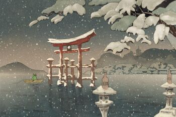 12_oz._mouse adult_swim alcohol analog_clock boat branch clock commentary english_commentary fixkun grey_sky mouse_fitzgerald outdoors scenery sky snow snowing stone_lantern torii watercraft wide_shot winter