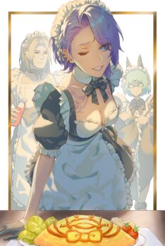 1boy 2girls animal_ears apron aqua_hair black_bow black_bowtie blue_eyes blue_hair bob_cut bow bowtie breasts cheese cherry_tomato cleavage collarbone commentary_request cross_scar crossdressing crossdressing_(mtf) crypthiyama curtained_hair demon_(path_to_nowhere) ducky_(path_to_nowhere) earclip fake_animal_ears food forehead frilled_apron frills frying_pan glasses gold_border hair_ornament hand_on_table highres holding holding_frying_pan holding_spatula juliet_sleeves ketchup ketchup_bottle labyrinth_(path_to_nowhere) long_sleeves maid maid_apron maid_headdress male_maid mechanical_ears medium_breasts medium_hair multiple_girls omelet omurice one_eye_closed outside_border parted_bangs parted_lips path_to_nowhere prosthesis prosthetic_leg puffy_sleeves raised_eyebrows salad scar scar_on_face scar_on_nose semi-rimless_eyewear short_hair short_sleeves shoulder_tattoo smile spatula swept_bangs table tattoo tomato x_hair_ornament zoya_(path_to_nowhere)