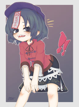 Rule 34 | !, !!, 1girl, absurdres, bags under eyes, black ribbon, black skirt, border, breasts, chinese clothes, commentary request, cowboy shot, floral print, grey background, grey hair, hat, highres, jiangshi, lace-trimmed sleeves, lace trim, leaning forward, looking at viewer, miyako yoshika, nana ex77, neck ribbon, notice lines, ofuda, open mouth, outside border, print skirt, purple eyes, purple hat, red shirt, ribbon, sharp teeth, shirt, short hair, short sleeves, skirt, small breasts, solo, tangzhuang, teeth, touhou, white border