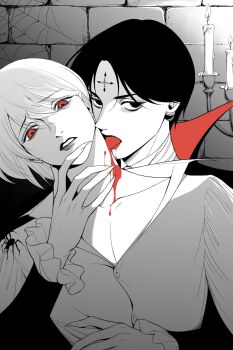 Rule 34 | 2boys, 63roku63, alternate universe, androgynous, black hair, blood, chrollo lucilfer, cross tattoo, facial mark, forehead mark, highres, hunter x hunter, kurapika, licking, licking another's neck, licking blood, lips, male focus, monochrome, multiple boys, parted lips, shirt, short hair, tattoo, upper body, vampire, yaoi