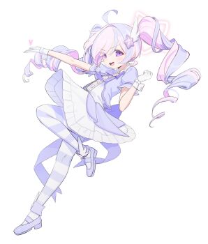 1girl absurdres ahoge blue_archive dress from_side gloves hair_ornament halo highres long_hair looking_at_viewer looking_to_the_side open_mouth pantyhose pinion pink_hair purple_eyes purple_hair reisa_(blue_archive) reisa_(magical)_(blue_archive) short_sleeves simple_background smile solo star_(symbol) star_hair_ornament star_halo striped_clothes striped_pantyhose twintails white_background white_dress white_gloves