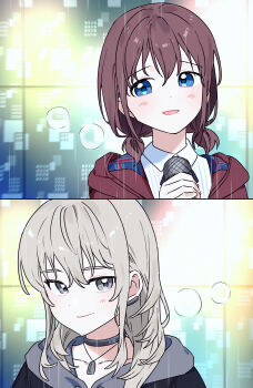 2girls absurdres black_choker blue_eyes choker closed_mouth commentary_request earclip girls_band_cry grey_eyes grey_hair grey_hoodie habsida_(habsida_hpy) highres holding holding_microphone hood hoodie iseri_nina jewelry kawaragi_momoka long_hair microphone multiple_girls necklace outdoors parted_lips rain red_hair short_twintails twintails