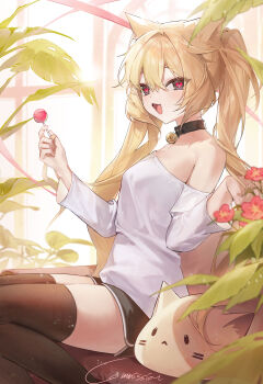 Rule 34 | 1girl, absurdres, animal ears, bare shoulders, bell, black collar, black eyes, black shorts, black thighhighs, blonde hair, candy, cat ears, collar, commission, food, hair between eyes, heart, heart-shaped pupils, highres, holding, holding candy, holding food, holding lollipop, indoors, lollipop, long hair, long sleeves, looking at viewer, neck bell, open mouth, original, paya 32, shirt, shorts, sitting, solo, symbol-shaped pupils, thighhighs, twintails, white shirt