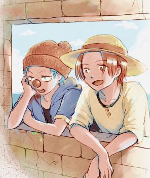 2boys aged_down blue_eyes blue_hair buggy_the_clown commentary_request hat head_rest male_focus multiple_boys nikomisb one_piece open_mouth red_hair red_hat red_nose shanks_(one_piece) short_hair short_sleeves sleeves_rolled_up straw_hat