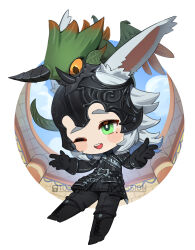Rule 34 | 1girl, :d, animal, animal ears, animal on head, black gloves, boots, chibi, colored sclera, commission, dragon, final fantasy, final fantasy xiv, gambeson, gloves, green eyes, grey hair, helmet, highres, mole, mole under eye, on head, one eye closed, open mouth, pants, rabbit ears, scales, smile, teeth, tostantan, upper teeth only, yellow sclera
