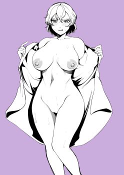 1girl blush breasts breasts_apart censored commentary_request feet_out_of_frame greyscale_with_colored_background kazami_yuuka large_breasts looking_at_viewer mosaic_censoring nipples nude purple_background pussy sadahiro_(chicken_nugget_gyuuniku_aji) short_hair simple_background solo standing touhou undressing