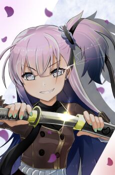 Rule 34 | 10s, 1girl, fang, female focus, grey eyes, hair ribbon, highres, katana, long hair, looking at viewer, nail polish, pink hair, ribbon, sheath, side ponytail, smile, solo, sword, takuro (taku3949), toji no miko, tsubakuro yume, unsheathing, upper body, very long hair, weapon