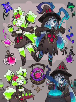 2girls :d alchemy aqua_sclera black_shoes blue_eyes blue_hair blue_liquid blush_stickers bottle breasts cauldron closed_eyes colored_sclera colored_smoke commentary crystal double_bun drawer dress dust elixa_(squeaky) english_commentary eyes_visible_through_hair facing_viewer feet_out_of_frame flat_chest flower freckles full_body green_hair green_sclera green_tail grey_background grey_dress grey_hair grey_hat grey_ribbon hair_bun hair_flower hair_ornament hair_over_one_eye hair_ribbon hand_up hat heart highres holding holding_bottle holding_hands holding_tray holding_vial long_hair long_sleeves looking_at_object looking_at_viewer magic medium_breasts multicolored_hair multiple_girls multiple_views mushroom noxanne_(squeaky) one_eye_closed open_mouth original outstretched_arm paper purple_flower red_flower ribbon sharp_teeth shoes short_eyebrows short_hair siblings sign sleeves_past_fingers sleeves_past_wrists smile smoke sparkle squeaky_(artist) standing standing_on_one_leg teeth thick_eyebrows tray twins two-tone_hair v-shaped_eyebrows very_long_hair vial white_eyes witch_hat