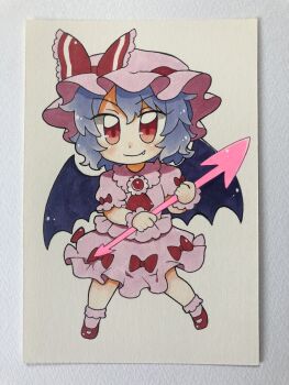 Rule 34 | 1girl, ascot, bad id, bad twitter id, bat wings, blue hair, bow, chibi, chibi only, closed mouth, commentary, fang, fang out, full body, hat, hat bow, highres, holding, holding polearm, holding weapon, looking at viewer, maa (forsythia1729), mob cap, photo (medium), pink hat, pink shirt, pink skirt, pink socks, polearm, puffy short sleeves, puffy sleeves, red ascot, red bow, red eyes, red shoes, remilia scarlet, shirt, shoes, short sleeves, skirt, skirt bow, skirt set, sleeve bow, smile, socks, solo, spear the gungnir, touhou, traditional media, weapon, wings, wrist cuffs