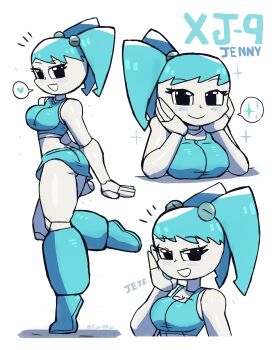 1girl absurdres ass black_eyes blue_footwear blue_hair blue_shirt blue_skirt blush boots breasts cleavage collarbone colored_skin crop_top from_behind head_rest heart highres jenny_wakeman knee_boots large_breasts long_hair looking_at_viewer looking_back midriff multiple_views my_life_as_a_teenage_robot nickelodeon open_mouth robot shirt skirt sleeveless sleeveless_shirt smile sparkle speech_bubble spoken_heart spoken_sparkle standing standing_on_one_leg tony_welt twintails white_background white_skin