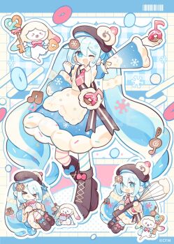 &gt;_&lt; 1girl 1other apron aqua_eyes aqua_hair beret blush boots brown_boots cake closed_eyes cookie cookie_hair_ornament dress food food-themed_hair_ornament fortissimo frilled_apron frills hair_between_eyes hair_ornament hat hatsune_miku hatsushiro_mamimu highres holding holding_whisk long_hair long_sleeves looking_at_viewer musical_note musical_note_hair_ornament necktie official_alternate_costume official_alternate_hairstyle one_eye_closed open_mouth pink_necktie rabbit rabbit_yukine smile snowflakes swiss_roll very_long_hair vocaloid whisk white_apron wide_sleeves yuki_miku yuki_miku_(2026)