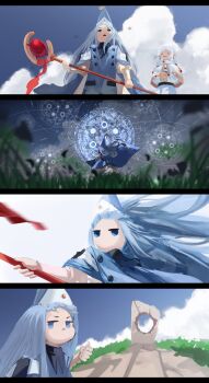 2girls :3 =_= absurdres blue_eyes blue_hair capelet commentary crossed_arms crossover english_commentary forehead frieren gold_trim grass grey_hair highres holding holding_staff jolseon long_hair looking_at_viewer mage_staff magic magic_circle multiple_girls no_mouth outdoors parted_bangs qifrey's_atelier_apprentice_uniform richeh_(tongari_boushi_no_atelier) rock scene_reference sousou_no_frieren staff thumbs_up tongari_boushi_no_atelier twintails upper_body white_capelet