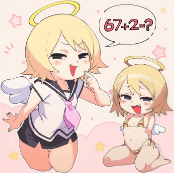 1girl 67_(meme) :d absurdres ai-assisted angel angel_wings arm_at_side arms_behind_back bikini black_eyes black_sailor_collar black_skirt blonde_hair blue_sailor_collar blush blush_stickers borrowed_character breasts chibicheeks cowboy_shot cropped_legs fang finger_to_cheek finger_to_mouth flat_chest gold_bikini half-closed_eyes halo hand_up highres index_finger_raised leaning_forward legs_apart legs_together light_blush lily_(moeangel) loli looking_at_viewer meme mesugaki micro_bikini miniskirt multiple_views navel neckerchief no_pupils notice_lines open_mouth original outline pink_neckerchief raised_inner_eyebrows sailor_collar sailor_shirt school_uniform serafuku shirt short_hair short_sleeves side-tie_bikini_bottom sitting skirt small_breasts smile smug speech_bubble star_(symbol) straight_hair string_bikini swimsuit thigh_gap v-shaped_eyebrows wariza white_outline white_shirt white_wings wings