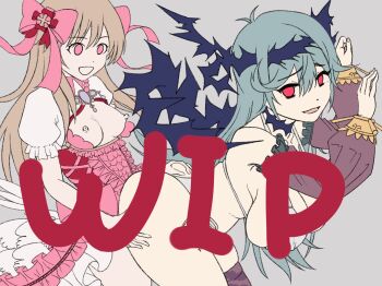 1futa 1girl animal_print aqua_hair artistic_error bikini blonde_hair breasts chaos_aurora_(grimms_notes) chaos_marie_(grimms_notes) cow_print cow_print_bikini detached_sleeves flat_color futa_with_female futanari grimms_notes highres large_breasts medium_breasts nipples onokanata open_mouth parted_lips print_bikini sex sketch smile source_request standing standing_sex swimsuit thighhighs unfinished