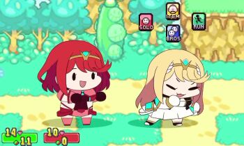 2girls animated aris_(blue_archive) blonde_hair blue_archive chibi crossover dancing death_momoi_(meme) full_body health_bar interface long_hair mario_&amp;_luigi:_superstar_saga mario_&amp;_luigi_rpg meme momoi_(blue_archive) multiple_girls mythra_(xenoblade) nintendo patdarux pyra_(xenoblade) red_hair short_hair tagme video xenoblade_chronicles_(series) xenoblade_chronicles_2