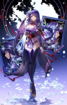 Rule 34 | 1girl, abstract background, absurdres, arm at side, armor, artist name, braid, breasts, bridal gauntlets, chinese commentary, cleavage, commentary request, expressionless, floating hair, flower, flower knot, full body, genshin impact, gradient background, hair flower, hair intakes, hair ornament, hand up, highres, japanese clothes, kimono, long hair, looking at viewer, low-braided long hair, low-tied long hair, mitsudomoe (shape), mole, mole under eye, nail polish, neck ribbon, obi, obiage, obijime, okobo, orbital path, painting (object), parted lips, pauldrons, platform sandals, purple background, purple eyes, purple hair, purple kimono, purple nails, purple thighhighs, raiden shogun, red ribbon, ribbon, sandals, sash, short kimono, shoulder armor, signature, single pauldron, solo, standing, tassel, thighhighs, tomoe (symbol), wide sleeves, zhaoshao wan harita