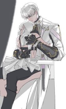 bare_shoulders black_boots black_pants boots closed_mouth coat couple dress grey_hair hair_between_eyes hetero highres hug long_coat long_hair love_and_deepspace pants protagonist_(love_and_deepspace) rayray8208820 short_hair sitting vambraces white_coat white_dress xavier_(love_and_deepspace)