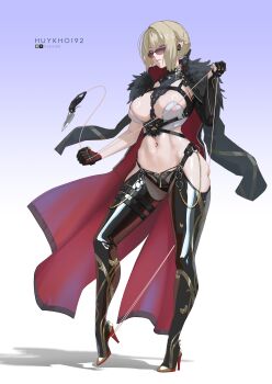1girl adapted_costume armpit_crease bare_hips blonde_hair blue_eyes breasts coat commentary evelyn_chevalier full_body gloves gradient_background groin hair_bun half_gloves high_heels highres huykho192 knife large_breasts looking_at_viewer navel pixiv_logo revealing_clothes revision shiny_skin sidelocks single_glove single_half_glove skindentation solo stomach sunglasses symbol-only_commentary tachi-e thick_thighs thighs tsurime twitter_x_logo zenless_zone_zero